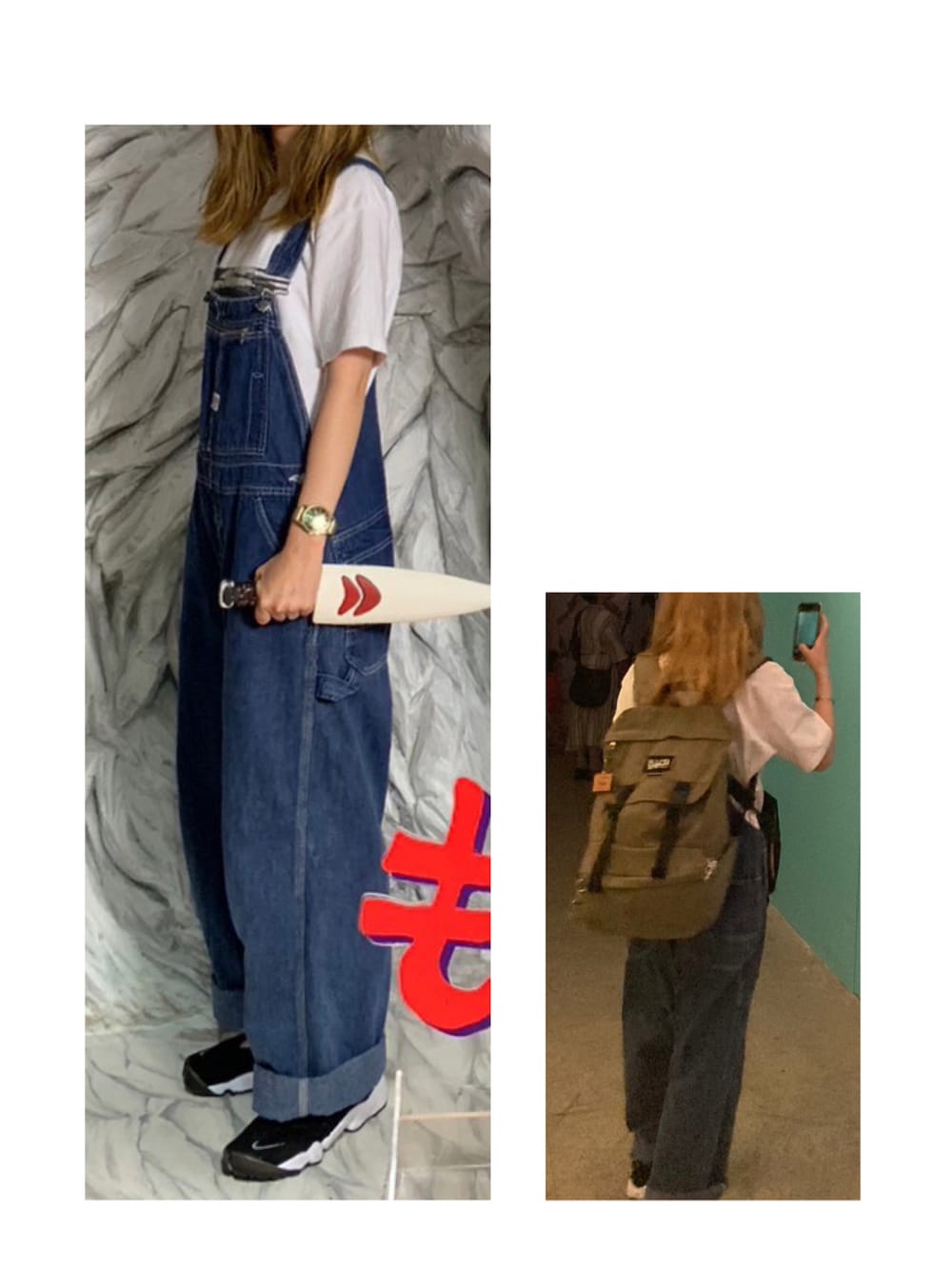 「Tシャツ×デニム、白Tシャツ、サロペット、オーバーオール、デニムパンツ、デニムコーデ、エアリフト、リュックスタイル、古着MIX、カジュアルコーデ、カジュアルスタイル、ゆるコーデ、デニムサロペット、Tシャツコーデ、ラクチンコーデ」｜「bachの15F/W【追加】BACH×JS  FLINT STONE/別注 バッハ バックパック  # （バックパック/リュック、グリーン系）」を使った、ハルさん（レディース・158cm）の秋コーディネートの1枚目の写真