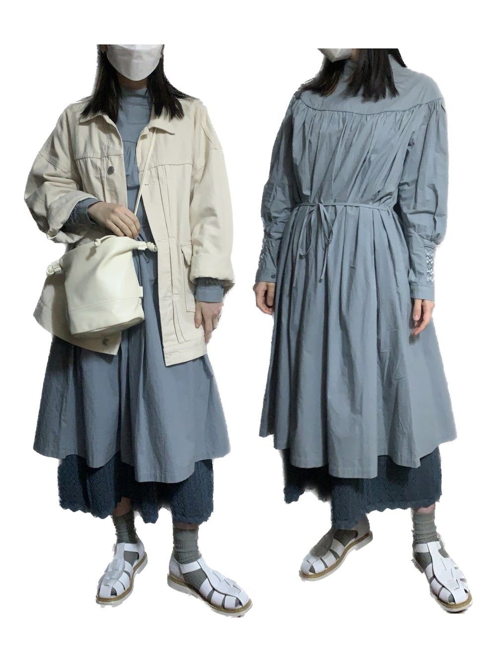 「白デニム、ホワイトデニム、デニムジャケット、Gジャン、ワンピーススタイル、レイヤードスタイル、スカートスタイル、グルカサンダル、サンダルに靴下、巾着バッグ、カジュアルコーデ、大人カジュアル、ワンピース、春コーデ、ブルーコーデ」｜「ASEEDONCLOUDのアイテム（ワンピース、ブルー系）」を使った、ハルさん（レディース・158cm）の春コーディネートの1枚目の写真