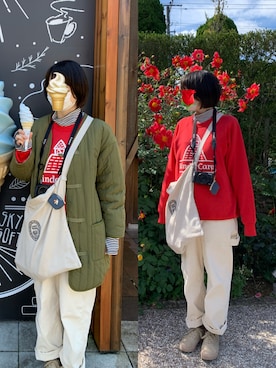 「UNIVERSAL OVERALL（ユニバーサルオーバーオール）のアイテム（サロペット/オーバーオール）」を使った、ハルさん（レディース・158cm）の秋コーディネート