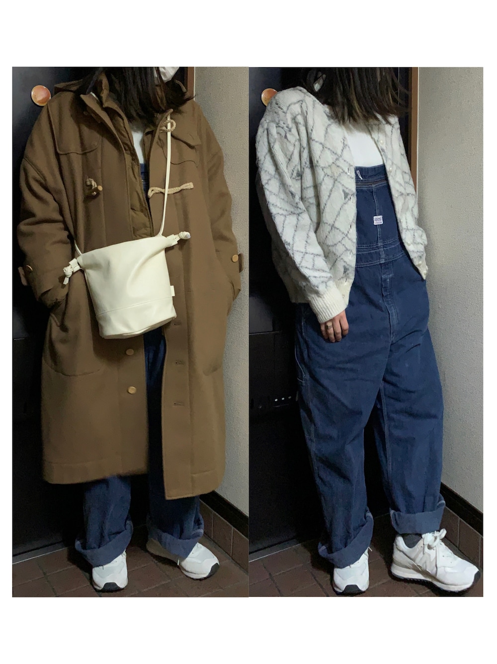 「ダッフルコート、巾着バッグ、カーディガンコーデ、タートルネックニット、オーバーオール、サロペット、白スニーカー、ニューバランス、New Balance、ニューバランス574、new balance 574、古着MIX、古着コーデ、デニムコーデ、カジュアルコーデ」｜「ASEEDONCLOUDのASEEDONCLOUD アシードンクラウド　Peasant Melton Mother's Coat（ダッフルコート、その他）」を使った、ハルさん（レディース・158cm）の春コーディネートの1枚目の写真