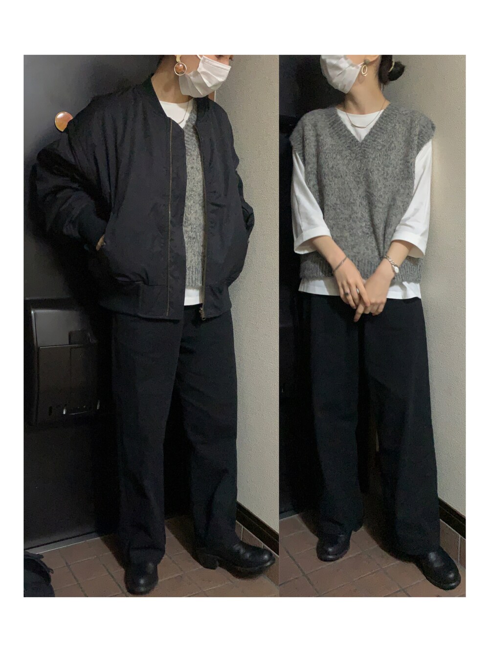 「MA-1、黒アウター、ブラックコーデ、ワントーンコーデ、ニットベスト、白Tシャツ、レイヤードスタイル、ワイドパンツ、サイドゴアブーツ、黒コーデ、黒パンツ、黒ブーツ、ベストコーデ、ニットコーデ、秋コーデ」｜「Kastaneのアイテム（MA-1、ブラック系）」を使った、ハルさん（レディース・158cm）の秋コーディネートの1枚目の写真
