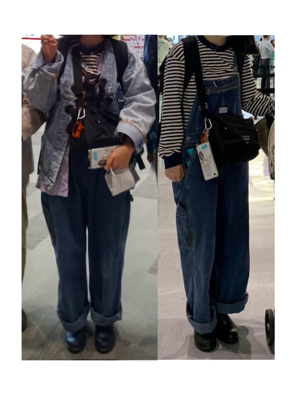 「デニムジャケット、Gジャン、カラーシャツ、ボーダートップス、ボーダーTシャツ、オーバーオール、サロペット、サイドゴアブーツ、デニムパンツ、デニムコーデ、デニムオンデニム、ショルダーバッグ、マリメッコ、パンツスタイル、カジュアルスタイル」｜「UNIQLOのアイテム（Tシャツ/カットソー、ホワイト系）」を使った、ハルさん（レディース・158cm）の秋コーディネートの1枚目の写真