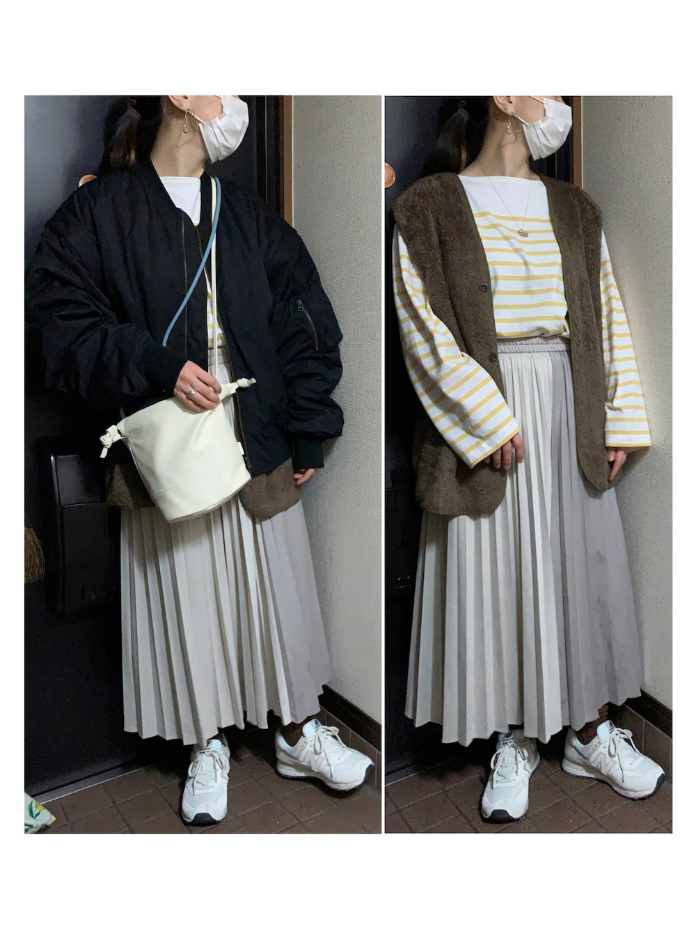 「MA-1、ボアベスト、ベストコーデ、ボーダートップス、ボーダーTシャツ、プリーツスカート、ニューバランス574、New Balance、new balance 574、巾着バッグ、黄色、スウェードスカート、スエードスカート、スカートスタイル、カジュアルコーデ」｜「Le Minorのアイテム（Tシャツ/カットソー、イエロー系）」を使った、ハルさん（レディース・158cm）の春コーディネートの1枚目の写真