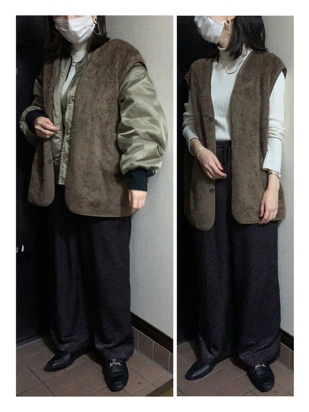 「秋のコーデ、MA-1、ボアベスト、タートルネックニット、ワイドパンツ、柄パンツ、ローファー、ビットローファー、白ニット、タートルネック、ベストコーデ、アウターONアウター、カジュアルコーデ、オトナカジュアル、リバーシブル」｜「Boutique Ordinaryのアイテム（モッズコート、グリーン系）」を使った、ハルさん（レディース・158cm）の秋コーディネートの1枚目の写真