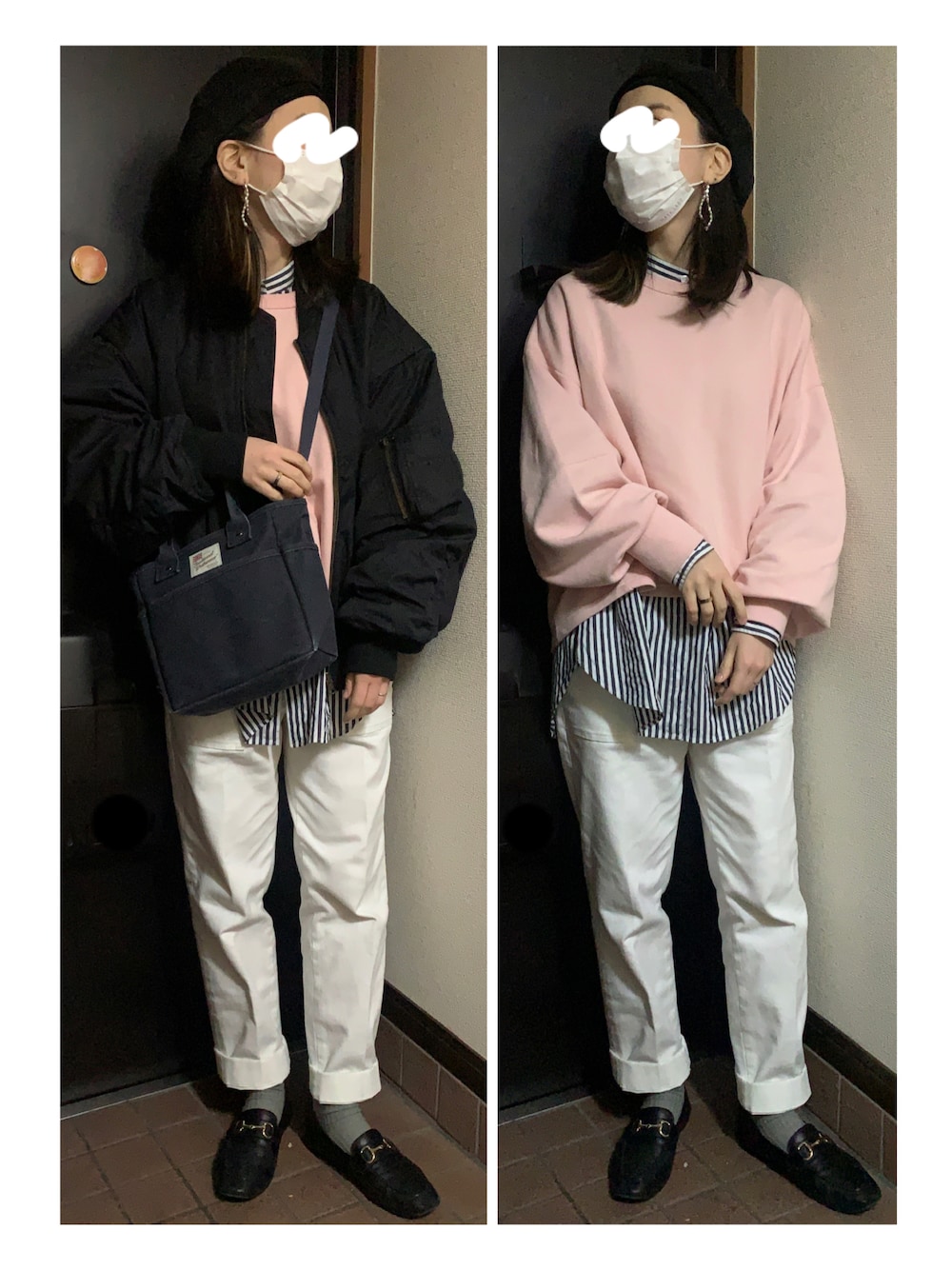 「ベレー帽、MA-1、スウェット、ピンクコーデ、ストライプシャツ、白パンツ、白デニム、パンツスタイル、パンツコーデ、ローファー、ビットローファー、カジュアルコーデ、ボリューム袖、ボリュームスリーブ、大人カジュアル」｜「CANICHEのアイテム（ハンチング/ベレー帽、ブラック系）」を使った、ハルさん（レディース・158cm）の春コーディネートの1枚目の写真