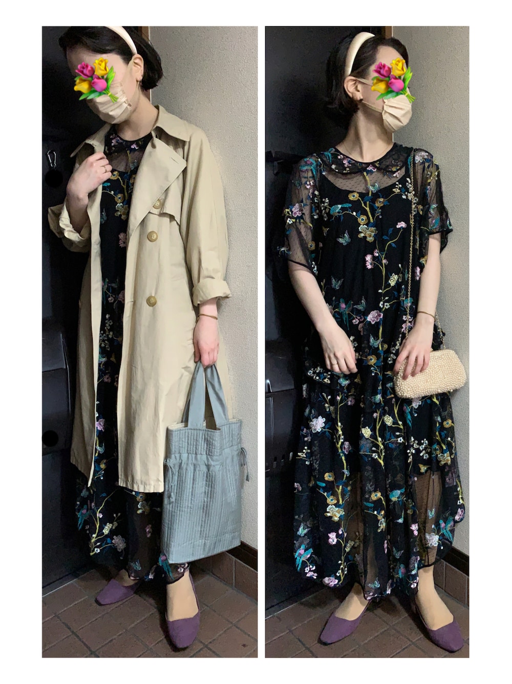 「春コーデ、大人女子、トレンチコート、ワンピース、ワンピーススタイル、結婚式、結婚式 ワンピース、結婚式スタイル、お呼ばれスタイル、花柄ワンピース、カラーパンプス、カチューシャ、シアーワンピース、パール、巾着バッグ」｜「w closetのアイテム（トレンチコート、ベージュ系）」を使った、ハルさん（レディース・158cm）の春コーディネートの1枚目の写真