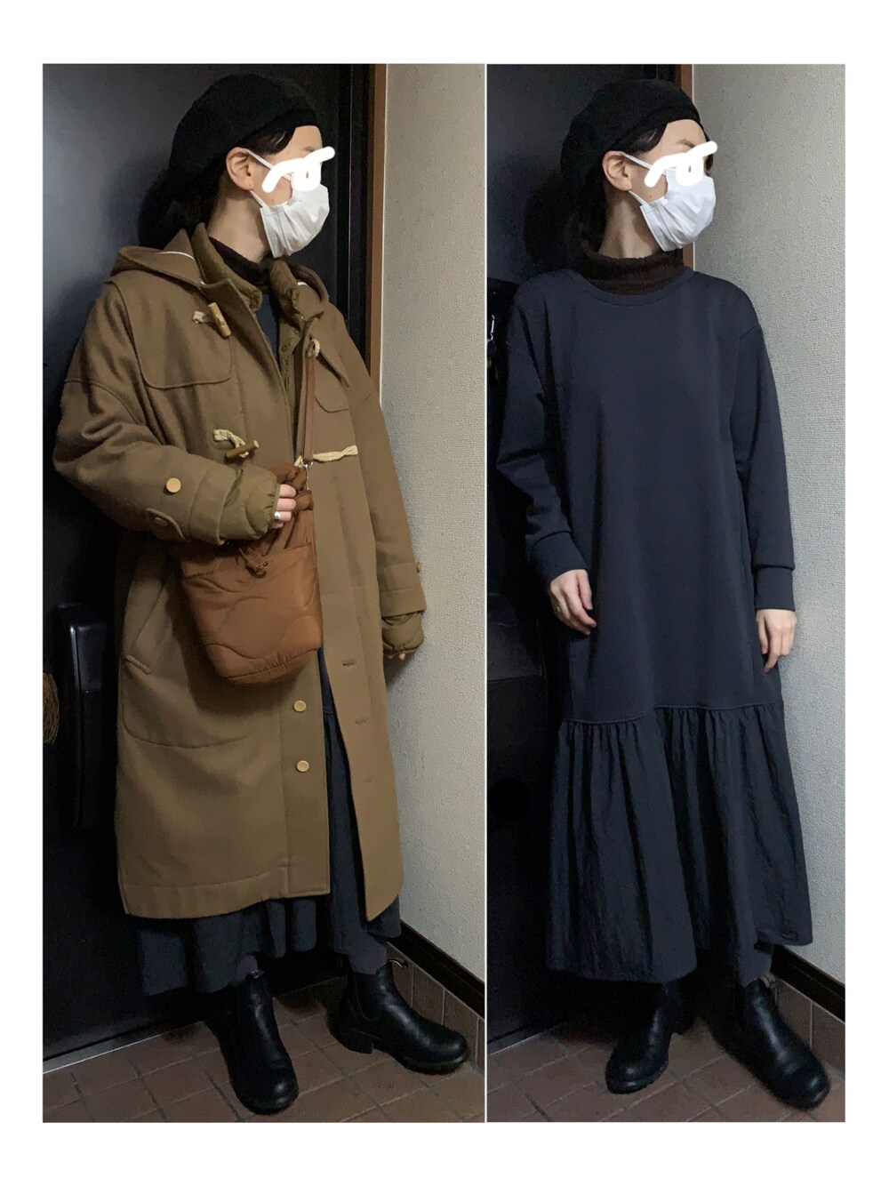 「ベレー帽、ダッフルコート、キルティングバッグ、ワンピース、タートルネックニット、サイドゴアブーツ、ワンピーススタイル、レイヤードスタイル、タートルネック、ワントーンコーデ、ドッキングワンピ、キルティングジャケット、インナーダウン、ロングコート、ショルダーバッグ」｜「CANICHEのアイテム（ハンチング/ベレー帽、ブラック系）」を使った、ハルさん（レディース・158cm）の冬コーディネートの1枚目の写真