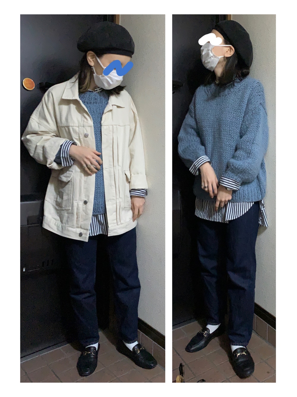 「秋コーデ、オトナカジュアル、カジュアルコーデ、ベレー帽、白デニム、デニムジャケット、Gジャン、カラーニット、ブルーニット、ストライプシャツ、レイヤードスタイル、デニムパンツ、ローファー、ビットローファー、デニムコーデ」｜「CANICHEのアイテム（ハンチング/ベレー帽、ブラック系）」を使った、ハルさん（レディース・158cm）の秋コーディネートの1枚目の写真