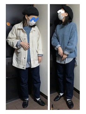 「ブルーニット」｜「アイテム（ハンチング/ベレー帽）」を使った、ハルさん（レディース・158cm）の秋コーディネート