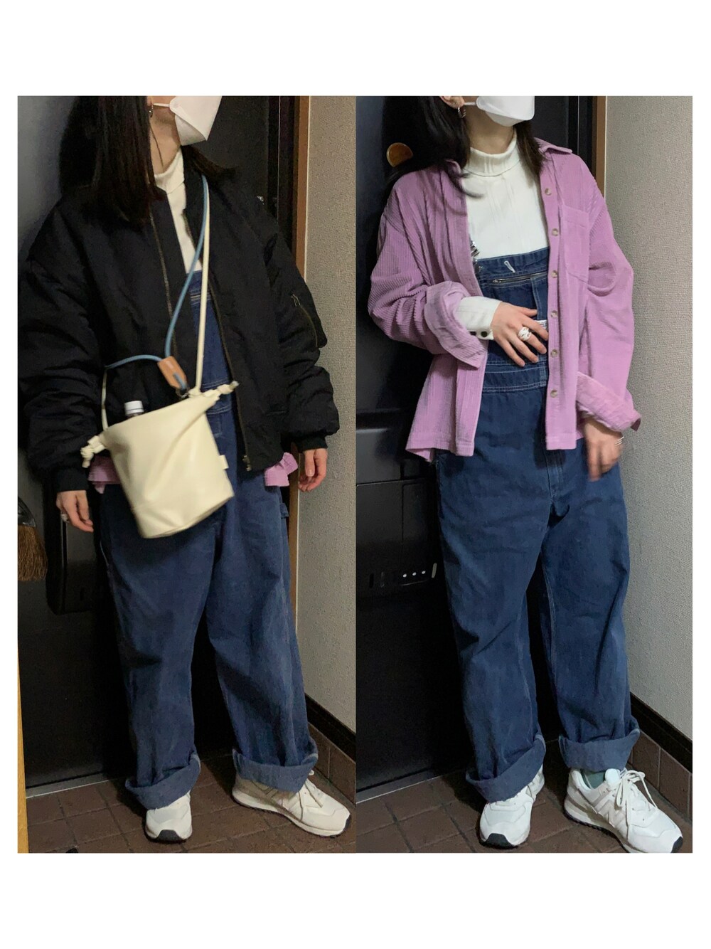「春服コーデ、ピンクコーデ、MA-1、巾着バッグ、コーデュロイシャツ、タートルネックニット、サロペット、オーバーオール、ニューバランス、New Balance、白スニーカー、古着MIX、デニムコーデ、new balance 574、ニューバランス574」｜「AuieFのアイテム（ニット/セーター、ホワイト系）」を使った、ハルさん（レディース・158cm）の春コーディネートの1枚目の写真
