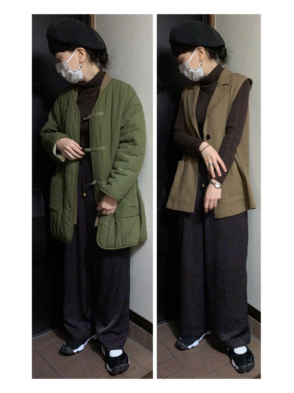 「ベレー帽、タートルネックニット、タートルネック、ジレ、ベスト、ワイドパンツ、カーキアウター、キルティングジャケット、エアリフト、キルティングコート、ジレスタイル、ベストコーデ、ブラウンコーデ、秋コーデ、柄パンツ」｜「CANICHEのアイテム（ハンチング/ベレー帽、ブラック系）」を使った、ハルさん（レディース・158cm）の秋コーディネートの1枚目の写真