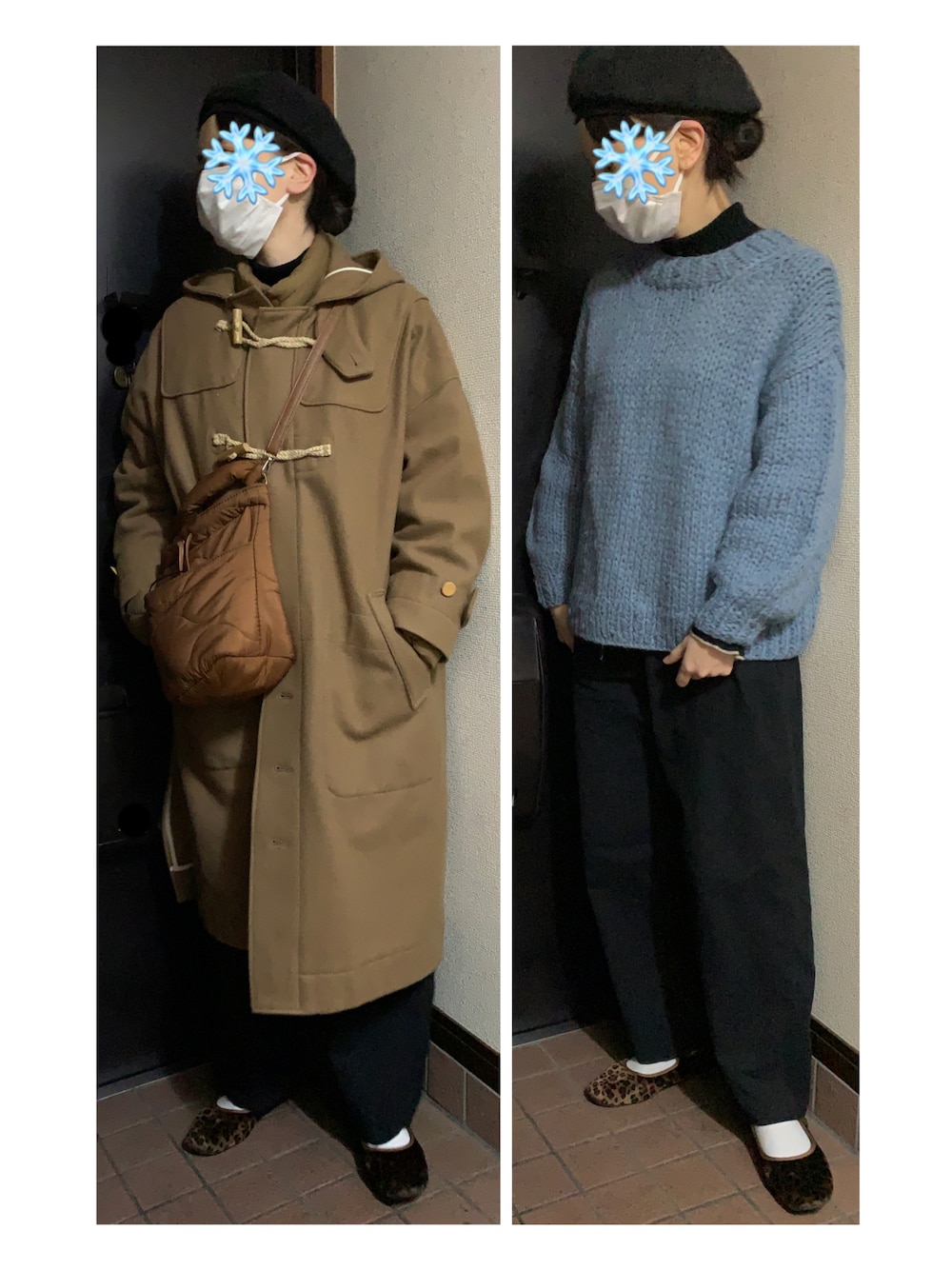 「大人カジュアル、タートルネック、タートルネックニット、ベレー帽、ダッフルコート、キルティングバッグ、カラーニット、ワイドパンツ、カンフーシューズ、レオパード、フラットシューズ、カジュアルコーデ、ニットコーデ、ざっくりニット、パンツスタイル」｜「CANICHEのアイテム（ハンチング/ベレー帽、ブラック系）」を使った、ハルさん（レディース・158cm）の冬コーディネートの1枚目の写真