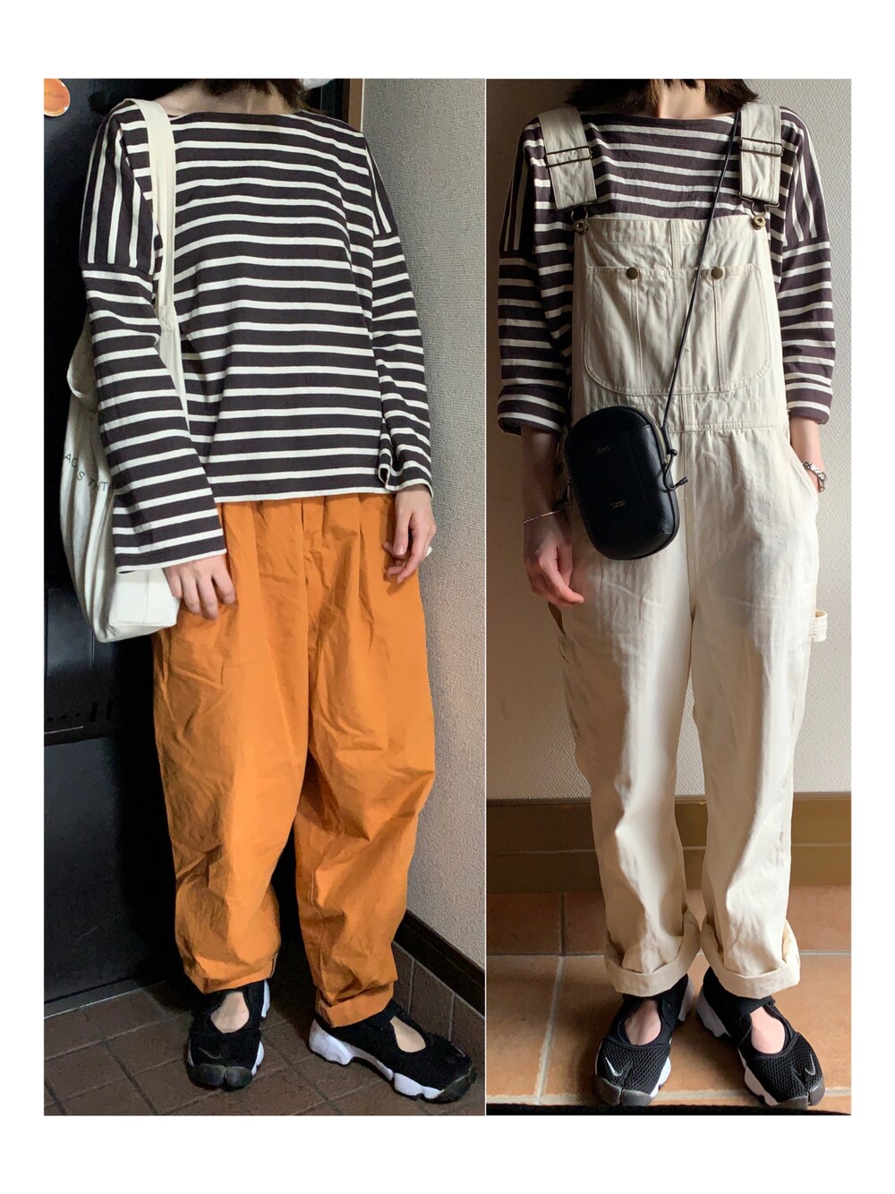 「大人カジュアル、秋カラー、秋コーデ、ラクチンコーデ、パンツスタイル、スニーカー、ロンT、ボーダートップス、ボーダーTシャツ、サロペット、オーバーオール、カラーパンツ、エアリフト、ミニバッグ、ブラウン」｜「Le Minorのアイテム（Tシャツ/カットソー、ブラウン系）」を使った、ハルさん（レディース・158cm）の秋コーディネートの1枚目の写真