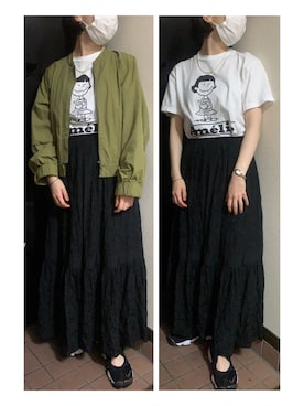 「黒スカート」｜「アイテム（ブルゾン）」を使った、ハルさん（レディース・158cm）の春コーディネート