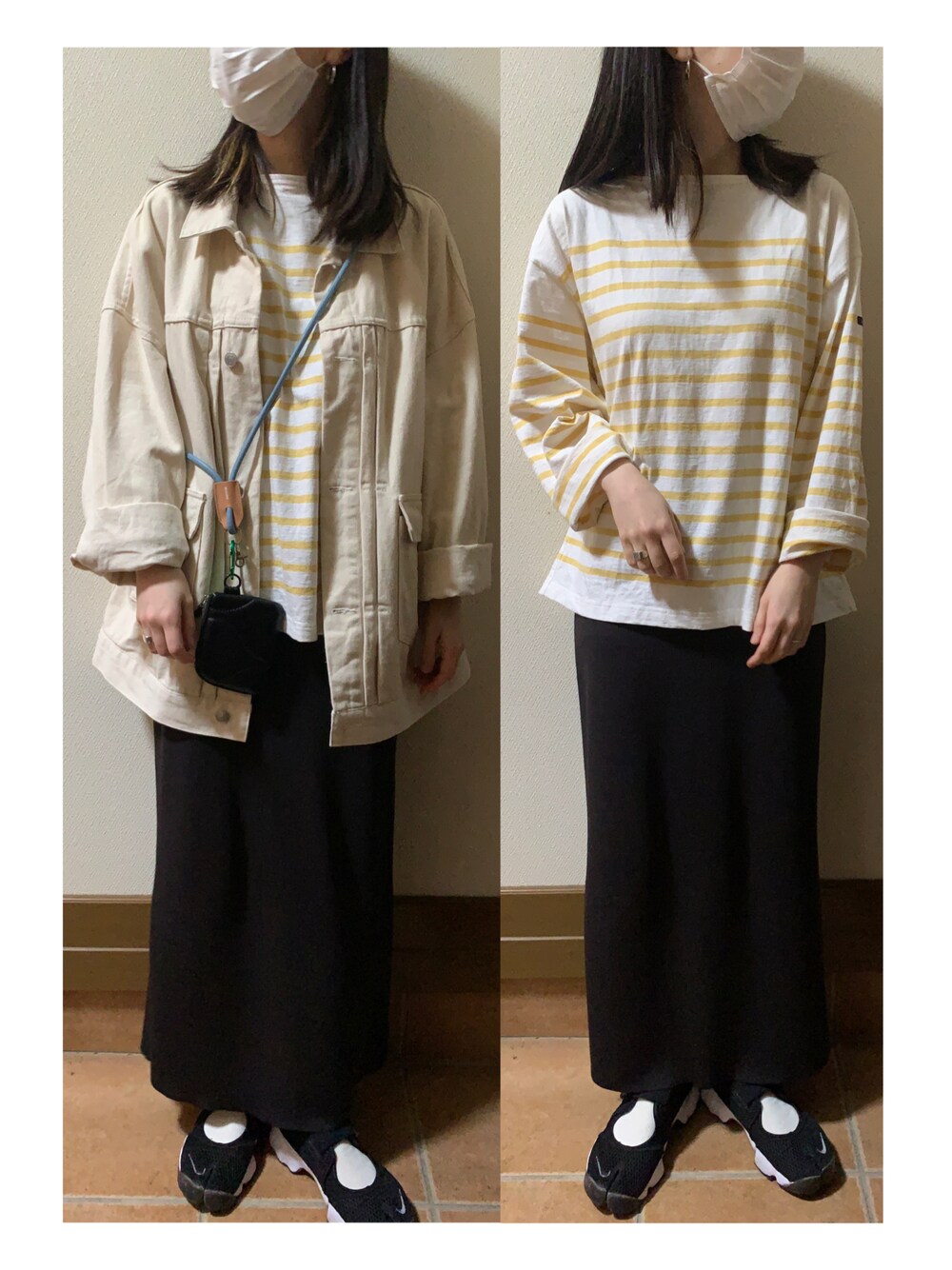 「デニムジャケット、Gジャン、白デニム、ホワイトデニム、ボーダートップス、ボーダーTシャツ、イエローコーデ、タイトスカート、ニットスカート、エアリフト、スニーカーコーデ、カジュアルコーデ、オトナカジュアル、ロンT、ボーダー」｜「FREAK'S STOREのアイテム（デニムジャケット、ホワイト系）」を使った、ハルさん（レディース・158cm）の春コーディネートの1枚目の写真