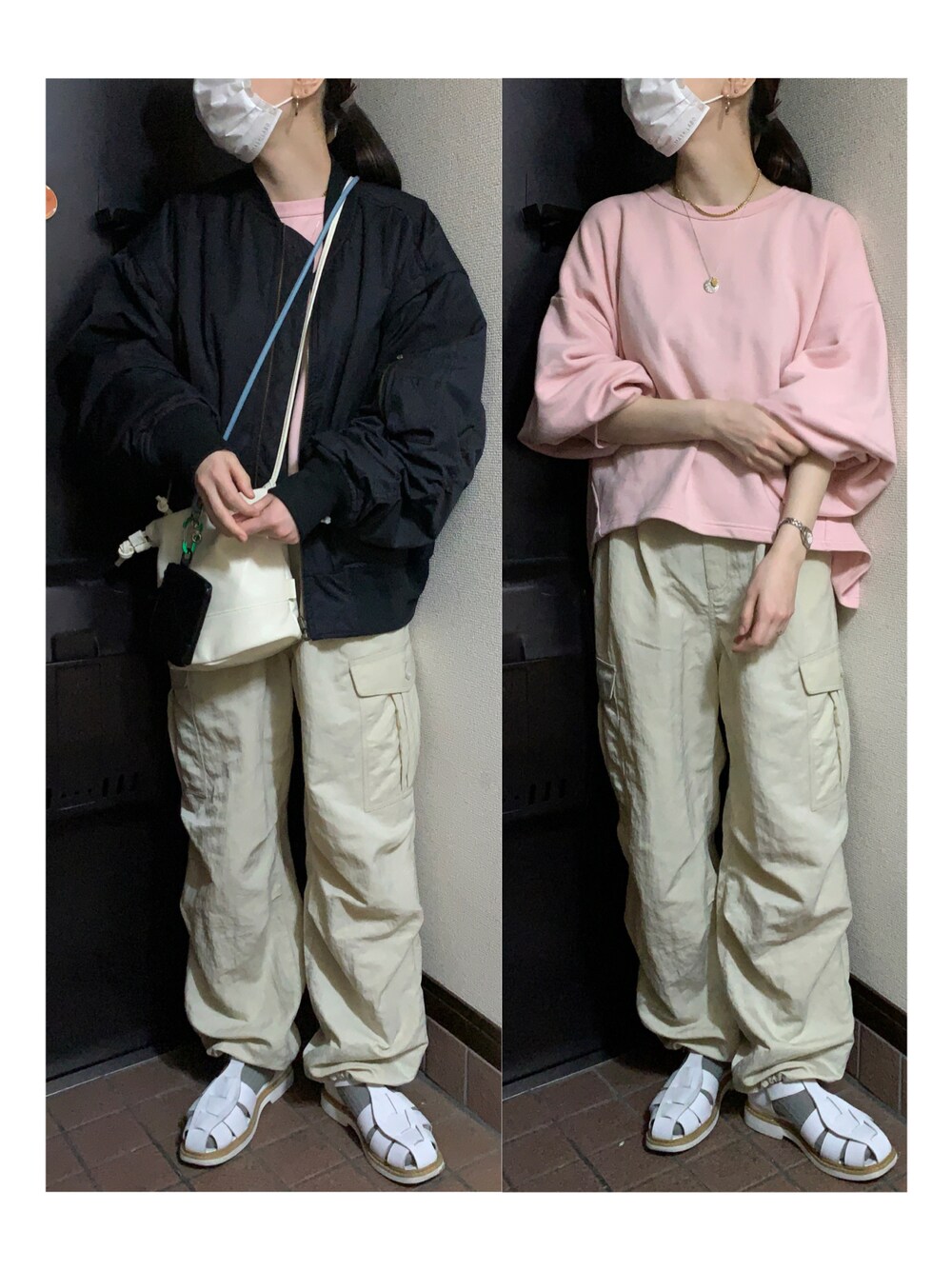 「MA-1、黒アウター、スウェット、ピンクコーデ、ボリューム袖、カーゴパンツ、裾絞りパンツ、グルカサンダル、サンダルに靴下、巾着バッグ、ボリュームスリーブ、カラーコーデ、パンツスタイル、パンツコーデ、カジュアルコーデ」｜「Sur Le pont d' Avignonのアイテム（スウェット、ピンク系）」を使った、ハルさん（レディース・158cm）の春コーディネートの1枚目の写真
