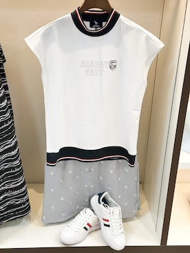 「adabat（アダバット）の【ADABAT NAVY】吸水速乾/接触冷感 フレンチスリーブモックT（Tシャツ/カットソー、ホワイト系）」を使った、madderさん（レディース・152cm）の春コーディネート