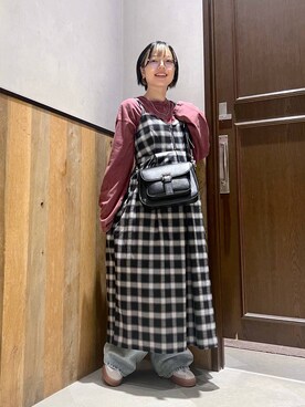 「RAGEBLUE（レイジブルー）のフロントジップ/オンブレチェックフレアキャミワンピース（ワンピース）」を使った、ミンチャンさん（レディース・155cm）の秋コーディネート