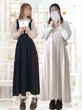 「エプロンワンピース」｜「アイテム（その他）」を使った、うるふのもも。さん（レディース・151cm）の秋コーディネート