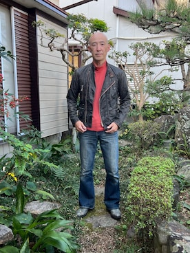 「ポールスミス」｜「アイテム（ライダースジャケット）」を使った、柴犬ゴローさん（メンズ・178cm）の秋コーディネート