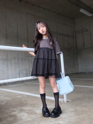 「CIAOPANIC TYPY(チャオパニックティピー)の【KIDS】ドットチュールドッキング配色ステッチワンピース(ワンピース)」を使った、hisuiさん(キッズ・130cm)の夏コーディネート