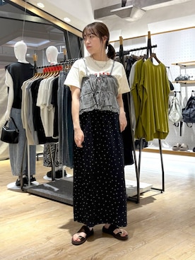「LEPSIM（レプシィム）のメタルスライドサンダル　638914（サンダル、ブラウン系）」を使った、やまゆかさん（レディース・161cm）の夏コーディネート