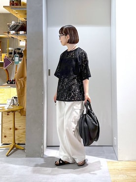 「studio CLIP（スタディオクリップ）の【daily CLIP】2WAYレザートート（トートバッグ、ブラック系）」を使った、さちち さん（レディース・156cm）の夏コーディネート