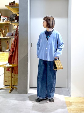 「studio CLIP（スタディオクリップ）のバギーバレルデニムパンツ[プチ・プラスサイズあり]《CLIP denim》（デニムパンツ、ブルー系）」を使った、さちち さん（レディース・156cm）の春コーディネート