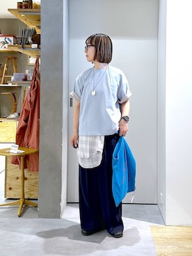 「studio CLIP（スタディオクリップ）の【daily CLIP × holiday】マルシェバッグ（エコバッグ/サブバッグ、ブルー系）」を使った、さちち さん（レディース・156cm）の春コーディネート