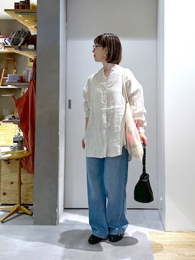 「studio CLIP（スタディオクリップ）の【daily CLIP】プリントジュートBAG（トートバッグ、ピンク系）」を使った、さちち さん（レディース・156cm）の春コーディネート