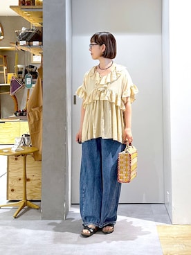 「studio CLIP（スタディオクリップ）のバギーバレルデニムパンツ[プチ・プラスサイズあり]《CLIP denim》（デニムパンツ、ブルー系）」を使った、さちち さん（レディース・156cm）の夏コーディネート