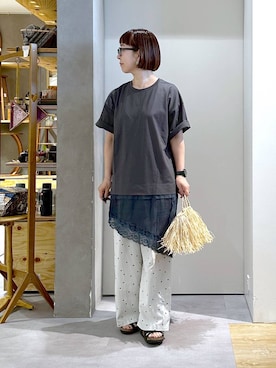 「studio CLIP（スタディオクリップ）の【イージーケア・接触冷感】ウエストシャーリングストレートパンツ（その他パンツ、その他）」を使った、さちち さん（レディース・157cm）の夏コーディネート