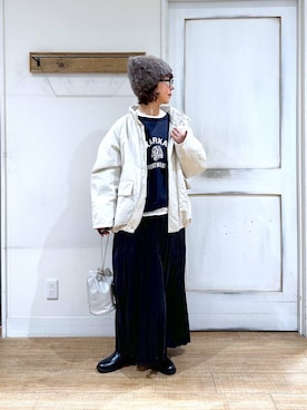 「撥水」｜「アイテム（ニットキャップ/ビーニー）」を使った、さちち さん（レディース・156cm）の冬コーディネート