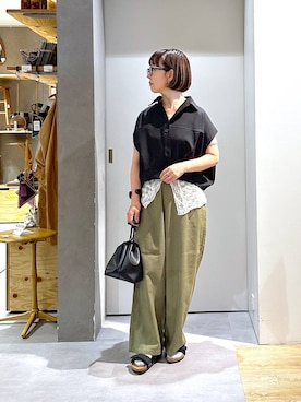 「studio CLIP（スタディオクリップ）の【イージーケア・接触冷感】ウエストシャーリングストレートパンツ（その他パンツ、グリーン系）」を使った、さちち さん（レディース・156cm）の夏コーディネート