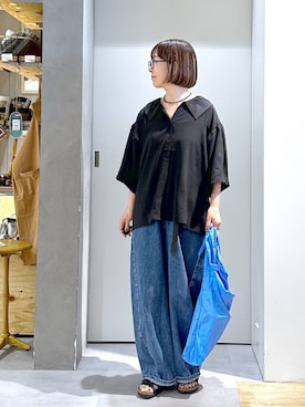 「studio CLIP（スタディオクリップ）の【daily CLIP】とろみギャザー襟ブラウス（Tシャツ/カットソー、ブラック系）」を使った、さちち さん（レディース・156cm）の夏コーディネート