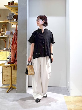 「studio CLIP（スタディオクリップ）の【daily CLIP】toca アラログスエードバッグ（かごバッグ、ブラック系）」を使った、さちち さん（レディース・156cm）の春コーディネート