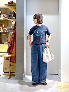 「studio CLIP（スタディオクリップ）のバギーバレルデニムパンツ[プチ・プラスサイズあり]《CLIP denim》（デニムパンツ、ブルー系）」を使った、さちち さん（レディース・156cm）の春コーディネート