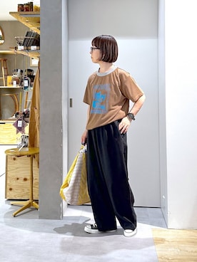 「studio CLIP（スタディオクリップ）の【daily CLIP】CATジャーナルシアーT（Tシャツ/カットソー、ブラウン系）」を使った、さちち さん（レディース・156cm）の夏コーディネート