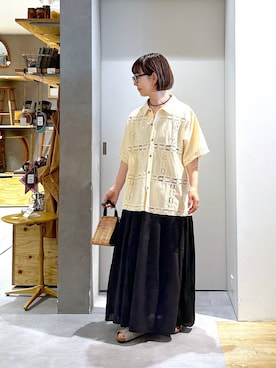 「studio CLIP（スタディオクリップ）の【daily CLIP】toca アラログスエードバッグ（かごバッグ、ブラック系）」を使った、さちち さん（レディース・156cm）の夏コーディネート