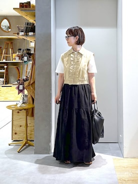 「studio CLIP（スタディオクリップ）の【daily CLIP】2WAYレザートート（トートバッグ、ブラック系）」を使った、さちち さん（レディース・156cm）の夏コーディネート