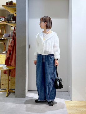 「studio CLIP（スタディオクリップ）のバギーバレルデニムパンツ[プチ・プラスサイズあり]《CLIP denim》（デニムパンツ、ブルー系）」を使った、さちち さん（レディース・156cm）の春コーディネート