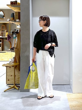 「studio CLIP（スタディオクリップ）の【接触冷感】ひんやりイージーストレートパンツ[プチ・プラスサイズあり]（デニムパンツ、ホワイト系）」を使った、さちち さん（レディース・156cm）の夏コーディネート
