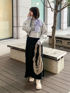 「ボウタイ」｜「アイテム（スウェット）」を使った、Tane🌷さん（レディース・161cm）の冬コーディネート