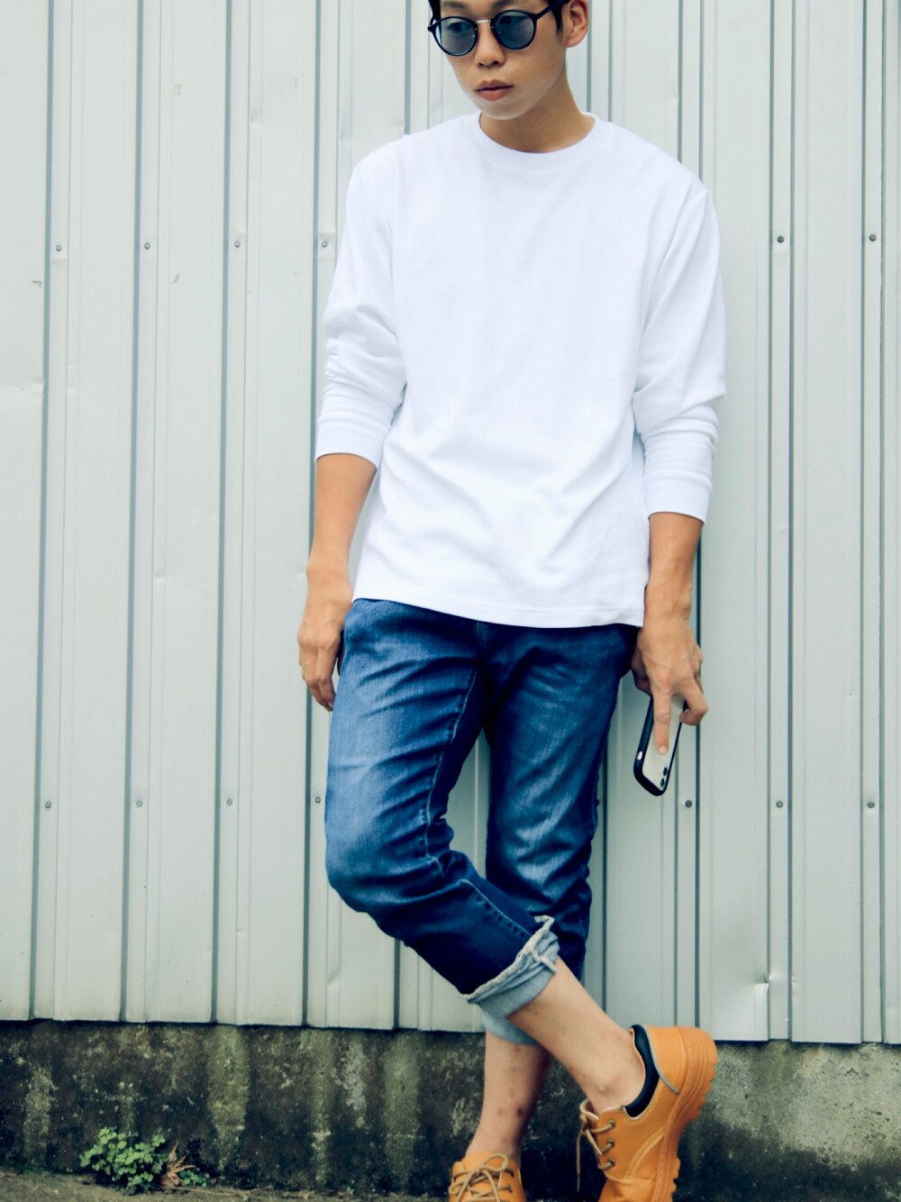 「今日のコーデ、simple、デニム、しまむら、WORKMAN、working style、シンプル、シンプルコーデ」｜「しまむらのアイテム（シャツ/ブラウス、ホワイト系）」を使った、大賀湧介さん（メンズ・168cm）の秋コーディネートの1枚目の写真