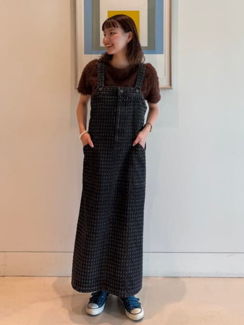 極美品　シャンブルドゥシャーム　麻100%　ジャンパースカート　ロングワンピース 百田夏菜子さん着用】ジャカード デニム カーゴ ワンピース（S