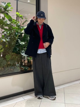 「レッド」｜「アイテム（ピーコート）」を使った、オカモトさん（レディース・167cm）の秋コーディネート