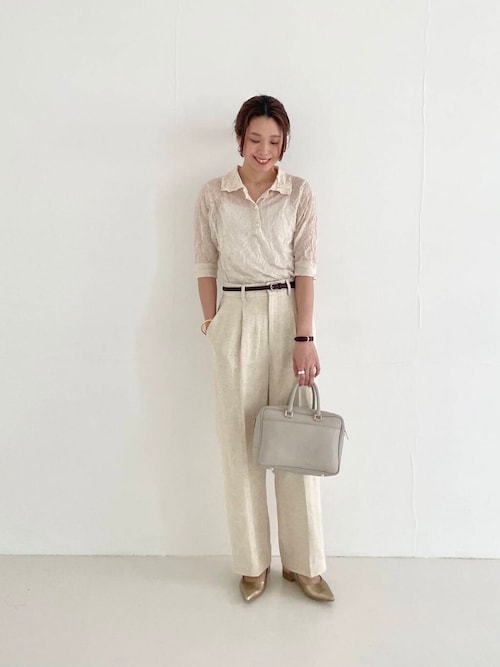 new basic　リネン混ワッシャーシャツカラーニット