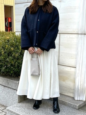 「ネイビー」｜「アイテム（ノーカラーコート）」を使った、OFUON le MKさん（レディース・153cm）の冬コーディネート