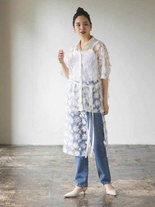 noble シースルー チュールフラワー半袖シャツ 刺繍 スパンコール noble シースルー チュールフラワー半袖シャツ 刺繍