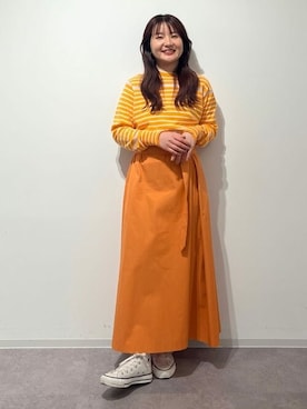 「アイテム（スカート、オレンジ系）」を使った、fuuさん（レディース・154cm）の冬コーディネート